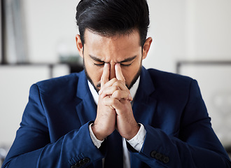 Image showing Corporate, headache and business man with anxiety, debt and frustrated for stock market crash. Face of sad trader, salesman and migraine of stress, bankruptcy or burnout of financial crisis in office