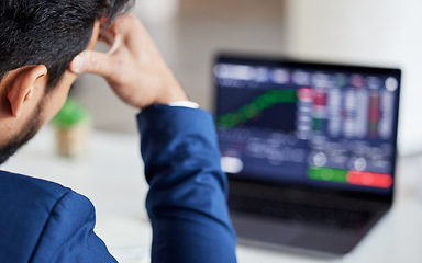 Image showing Closeup, sad and laptop with man and stock market crash for finance, inflation and investment. Failure, anxiety and stress with male employee for accounting risk, data analytics and trading crisis