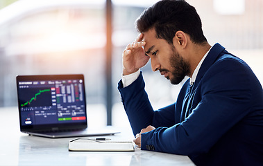 Image showing Trading, sad and laptop with man and stock market crash for finance, inflation and investment. Failure, anxiety and stress with male employee for accounting risk, data analytics and trade crisis