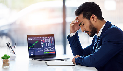 Image showing Inflation, sad and laptop with man and stock market crash for finance, trading and investment. Failure, anxiety and stress with male employee for accounting risk, data analytics and trade crisis