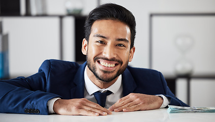 Image showing Portrait of businessman with cash investment, smile and dollars in trade office with profit, bonus and growth. Money, bills and happy man, stock market trading or payment on financial budget increase