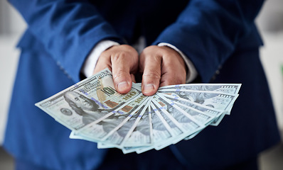 Image showing Businessman, hands and money fan of dollars for banking, trading bills and investment budget or financial freedom. Closeup of rich trader, profit and income of bonus, pay cash or accounting of wealth