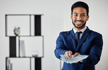 Image showing Portrait, business man and money fan for finance, trading bills or investment reward of financial freedom. Happy asian trader, savings investor or cash profit of income, bonus or wealth of accounting