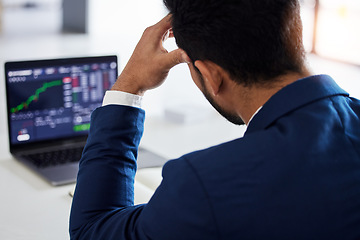 Image showing Closeup, stress and laptop with man and stock market crash for finance, inflation and investment. Failure, anxiety and sad with male employee for accounting risk, data analytics and trading crisis