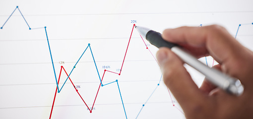 Image showing Hand, stocks and chart with drawing, closeup and office for planning, analytics and ideas for investing. Finance employee, pen and writing for innovation, stats or vision for graph, trading growth or