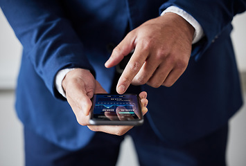 Image showing Hands, phone data and stock market trader check dashboard, fintech app and cryptocurrency software. Closeup of business man, mobile finance and trading for banking, investment or accounting of stocks