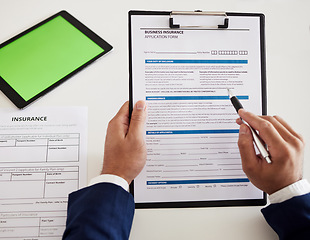 Image showing Tablet, insurance and green screen with hands of lawyer for legal documents, information and policy. Technology, signature and agreement with closeup of person for writing, planning and application