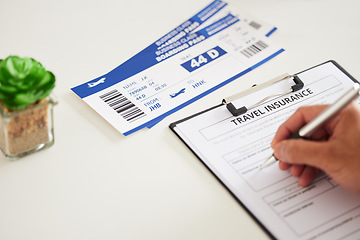 Image showing Paperwork, travel and insurance, plane ticket and sign contract with pen, person with holiday and compliance. Policy, safety and boarding pass, documents for journey and agreement with signature