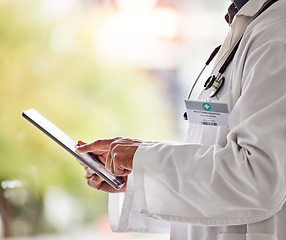 Image showing Tablet, doctor and hands for medical information, hospital software or research. Closeup of healthcare professional, digital technology and consulting services for telehealth, data review or planning