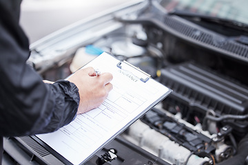 Image showing Checklist, car insurance and man writing on documents for compliance, maintenance and engine control. Vehicle, inspection and hand of male mechanic with paper form for information, note and claim