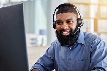 Image showing Business man, portrait and call center, communication or consultant support in e commerce or customer service. Face of agent, website advisor or african person helping and online solution on computer