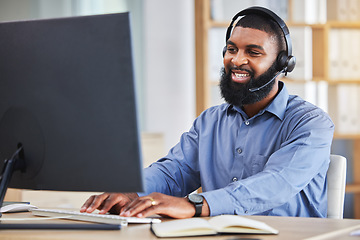 Image showing Call center, computer and business man, consultant or agent speaking, typing and customer services or support. Online sales, financial advisor or african person communication or contact us on desktop