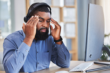 Image showing Business man, headache and call center stress, pain or communication mistake, error and sales crisis. Agent, consultant or african person on computer with brain fog, memory or telemarketing fail