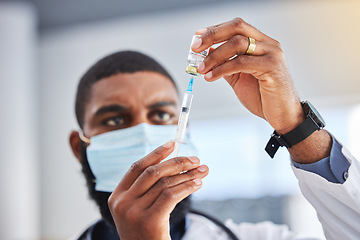 Image showing Healthcare, syringe needle and doctor with vaccine, medicine or medical drugs in hospital. Clinic, African male professional and container for injection, virus prevention and medic liquid for disease