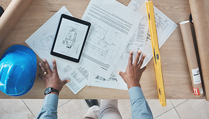 Image showing Architecture, person hands and blueprint planning, construction design and renovation on desk above. Engineering paper, floor plan and project management sketch or drawing tools on digital technology