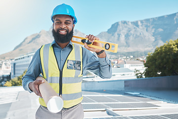 Image showing Man, portrait and architecture blueprint for solar energy, construction and project management in Cape Town. Happy african builder, civil engineering and tools with floor plan of photovoltaic grid