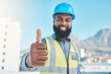 Image showing Man, engineering portrait and thumbs up for city development, construction goals and like, yes or support sign. Architecture person, worker or contractor success, safety gear and ok or good job emoji