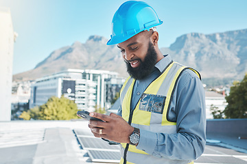 Image showing Engineering man, solar panels and phone in energy saving, sustainability and project management or communication. Electrician or african person on mobile, eco friendly installation and city rooftop