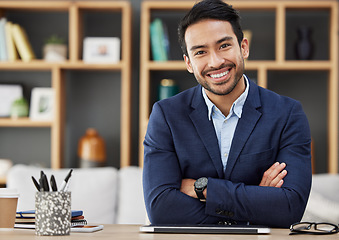 Image showing Portrait, business and Asian man with arms crossed, happy and tablet with career, financial adviser or smile. Face, male person or employee in a modern office, professional or accountant with success