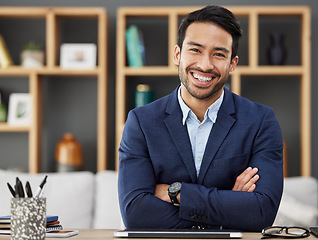 Image showing Portrait, business or Asian man with arms crossed, smile or tablet with career, modern office or happiness. Face, male person or employee in a workplace, professional or happy accountant with success