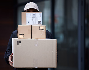 Image showing Delivery guy package, shipping boxes and export employee with courier service, commerce or regulations. Logistics, man or supply chain with a worker with distribution, online shopping or mail service