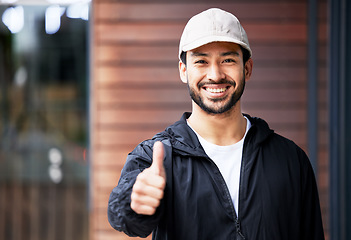 Image showing Portrait, asian man and courier with thumbs up outdoor for delivery, success and thank you with a smile. Happy, face and Japanese guy supplier with emoji vote or yes feedback for distribution service
