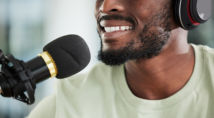 Image showing Microphone, headphones and man on podcast, closeup and media broadcast with web radio host. Live streaming, happy influencer or content creator with mic, internet recording and face with technology