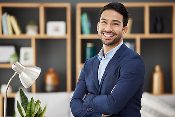 Image showing Smile, confidence and portrait of businessman with arms crossed in modern office, professional boss in India. Pride, face of ceo and business, happy man in corporate management standing in workplace.