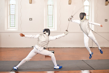 Image showing Sport, fencing and men with sword to fight in training, exercise or workout in a hall. Martial arts, match and fencers or people with mask and costume for fitness, competition or target in battle