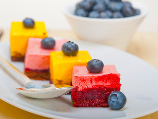 Image showing strawberry and mango mousse dessert cake