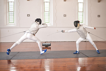 Image showing Training, people and fight in fencing competition, duel or combat with martial arts fighter and athlete with a sword and weapon. Warrior, blade and team in creative fighting, exercise or fitness