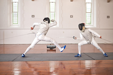 Image showing Fight, training and people in fencing competition, duel or combat with martial arts fighter and athlete with a sword and weapon. Warrior, blade and team in creative fight, exercise or fitness