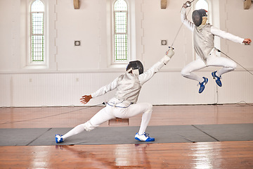 Image showing Fencing, exercise and people fight, jump and training, fitness or workout for energy with epee sword in club. Battle, fencer or athlete in performance, competition or sports with mask, helmet or suit