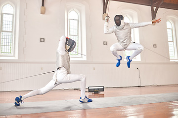 Image showing Jump, fencing and people with sword to fight in training, exercise or workout in a hall. Martial arts, sports and fencers or men with mask and costume for fitness, competition or target in swordplay