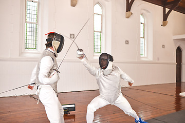 Image showing Sport, fight and men with fencing sword in training, exercise or workout in a hall. Martial arts, match and fencers or people with mask and costume for fitness, competition or target in swordplay