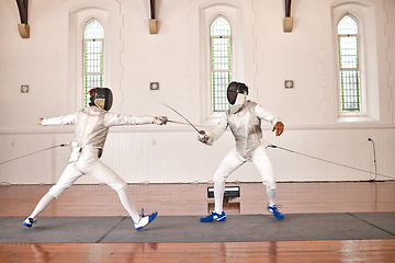 Image showing People, training with sword and fight in fencing competition, duel or combat with martial arts fighter and athlete with a weapon. Warrior, blade and sport with creative fighting, exercise or fitness