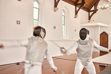 Image showing Fight, sport and people with fencing sword in training, exercise or workout in a hall. Martial arts, foil and fencer men with a mask and costume for fitness, competition or stab target in swordplay