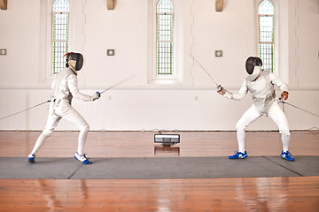 Image showing People, fencing and fight in competition, duel or training for combat with martial arts fighter and athlete with a sword and weapon. Warrior, blade and sport of creative fighting, exercise or fitness