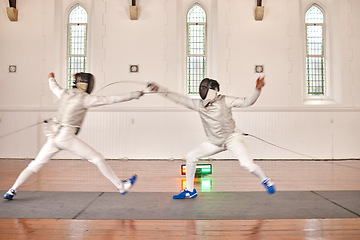 Image showing Fight, fencing sword and people in sports training, exercise or workout in a hall. Martial arts, match and fencers or men with mask and costume for fitness, competition or stab target in swordplay