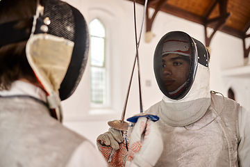 Image showing Fencing, start and fight with sword in sports training, exercise or challenge in hall. Martial arts, combat and fencers or people with mask and costume for fitness, competition or target in swordplay