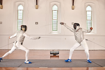 Image showing People, training and fighting in fencing competition, duel or combat with martial arts fighter and athlete with a sword and weapon. Warrior, blade and team in creative fight, exercise or fitness