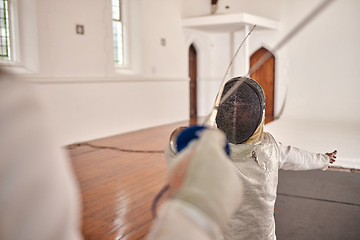 Image showing People, fencing and training for fight, exercise of fighting with sword, weapon or duel in sports with martial arts and athlete. Team, combat and competition with fighter, blade and equipment