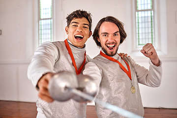 Image showing Winning, fencing and men with medal in portrait for celebration after success, goal achievement or victory in club. Face, fencer or champion team excited for podium with epee sword in sports training