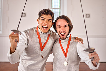 Image showing Fencing, winner and men with medal in portrait for celebration after success, goal achievement or victory in club. Face, fencer or champion team excited for podium with epee sword for sports training