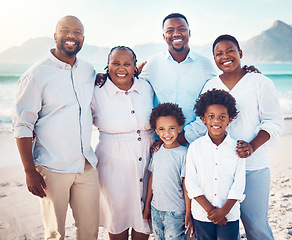 Image showing Happy, smile and portrait of black family at beach for travel, summer break and bonding on vacation. Relax, holiday trip and generations with parents and children for quality time, sunshine and fun