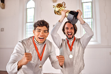 Image showing Sports, fencing and portrait of men with trophy for winning competition, challenge and match in gym. Fitness, sword fighting and excited male athletes celebrate with prize for games or tournament