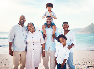 Image showing Travel, smile and portrait of black family at beach for happy, summer break and bonding on vacation. Relax, holiday trip and generations with parents and children for quality time, sunshine and fun