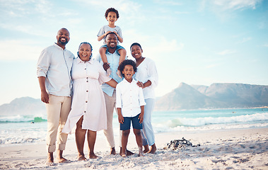 Image showing Happy, travel and portrait of black family at beach for smile, summer break and bonding on vacation. Relax, holiday trip and generations with parents and children for quality time, sunshine and fun