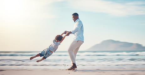 Image showing Travel, spinning and father with son at beach for bonding, support and summer break. Happy, playing and vacation with black man and child swinging together for happiness on holiday trip with mockup