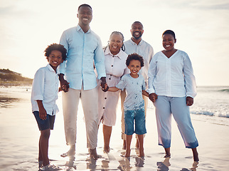 Image showing Sunset, smile and portrait of black family at beach for travel, summer break and bonding on vacation. Relax, holiday trip and generations with parents and children for quality time, sunshine and fun